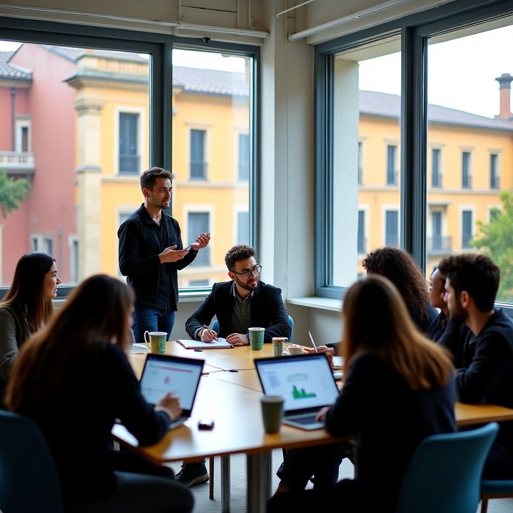 Estudiantes internacionales aprendiendo trading en un aula moderna en España